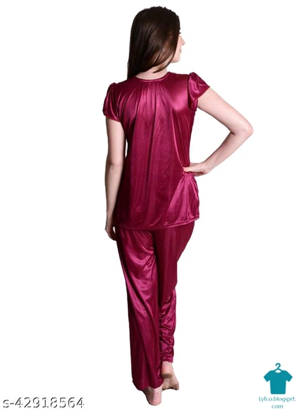 Product Name: *Nightdoll Maroon Satin Nightwear Night Suit Top & Pajama Set*Top Fabric: SatinBottom Fabric: SatinTop Type: Regular TopBottom Type: PyjamasSleeve Length: Short SleevesPattern: SolidMultipack: 1 - M