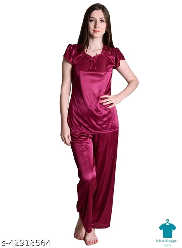 Product Name: *Nightdoll Maroon Satin Nightwear Night Suit Top & Pajama Set*Top Fabric: SatinBottom Fabric: SatinTop Type: Regular TopBottom Type: PyjamasSleeve Length: Short SleevesPattern: SolidMultipack: 1 - L