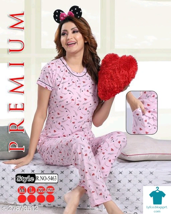 Trendy Stylish Women NightsuitsTop Fabric: HosieryBottom Fabric: HosieryTop Type: TshirtBottom Type: PyjamasSleeve Length: Short SleevesMultipack: 1 - XL