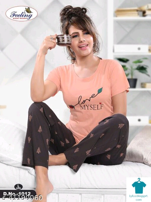 Inaaya Attractive Women NightsuitsTop Fabric: CottonBottom Fabric: CottonTop Type: TshirtBottom Type: PyjamasSleeve Length: Short SleevesPattern: PrintedMultipack: 1 - M