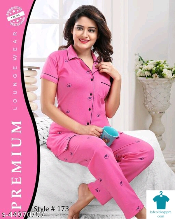 Inaaya Adorable Women NightsuitsTop Fabric: PolycottonBottom Fabric: PolycottonTop Type: TshirtBottom Type: PyjamasSleeve Length: Short SleevesPattern: PrintedMultipack: 1 - XL