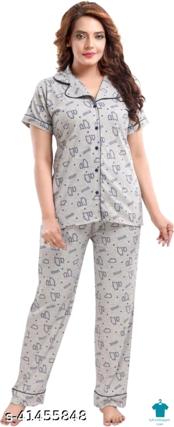 Product Name: *WOMENOIRE Women's Cotton Printed Night Suits Set*Top Fabric: CottonBottom Fabric: CottonTop Type: ShirtBottom Type: PyjamasSleeve Length: Short SleevesPattern: PrintedMultipack: 1 - M