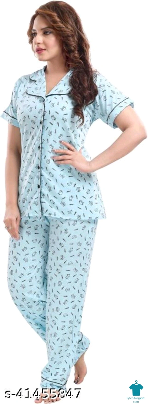 Product Name: *WOMENOIRE Women's Cotton Printed Night Suits Set*Top Fabric: CottonBottom Fabric: CottonTop Type: ShirtBottom Type: PyjamasSleeve Length: Short SleevesPattern: PrintedMultipack: 1 - XL