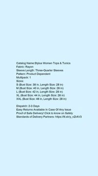 Catalog Name:*Stylus Women Tops & Tunics*Fabric: RayonSleeve Length: Three-Quarter SleevesPattern: Product DependentMultipack: 1 - colour- Black
