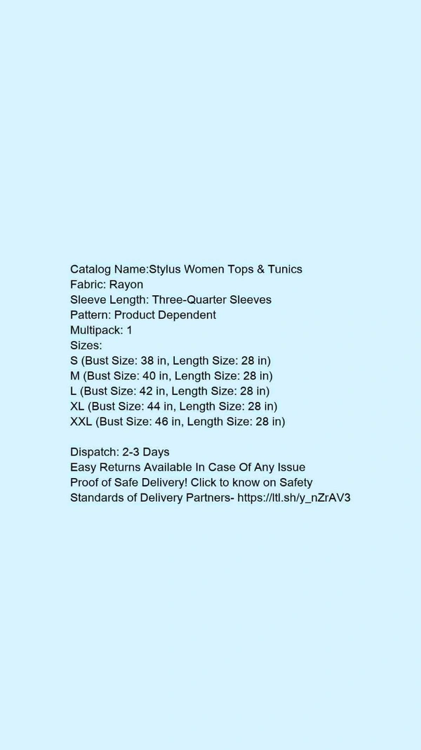 Catalog Name:*Stylus Women Tops & Tunics*Fabric: RayonSleeve Length: Three-Quarter SleevesPattern: Product DependentMultipack: 1 - colour- Black
