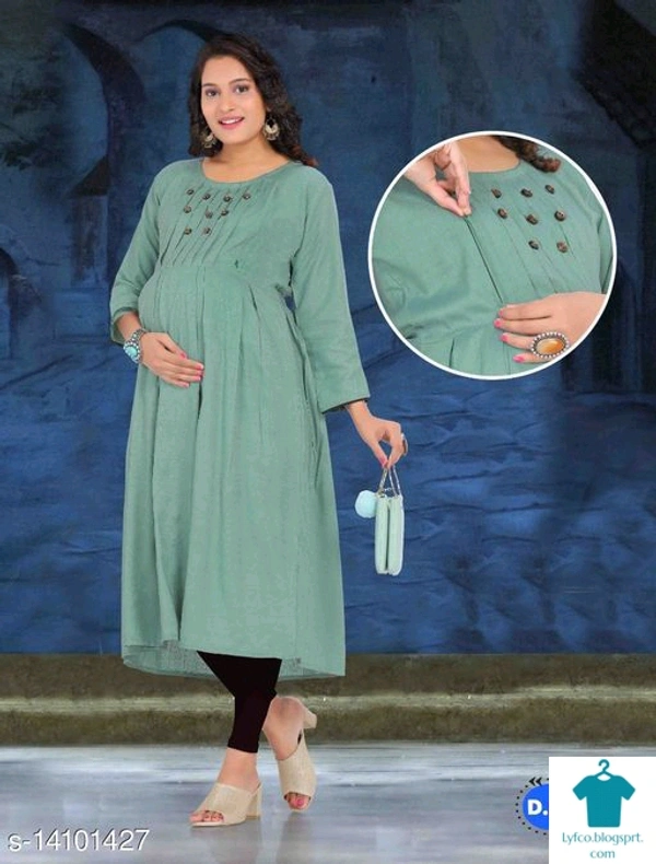 Catalog Name:*Aagyeyi Petite Maternity & Feeding Kurtis*Fabric: RayonBottomwear Fabric: No BottomwearBottom Type: No BottomwearSleeve Length: Three-Quarter SleevesStitch Type: StitchedFit/ Shape: FlaredCombo of: Single - L