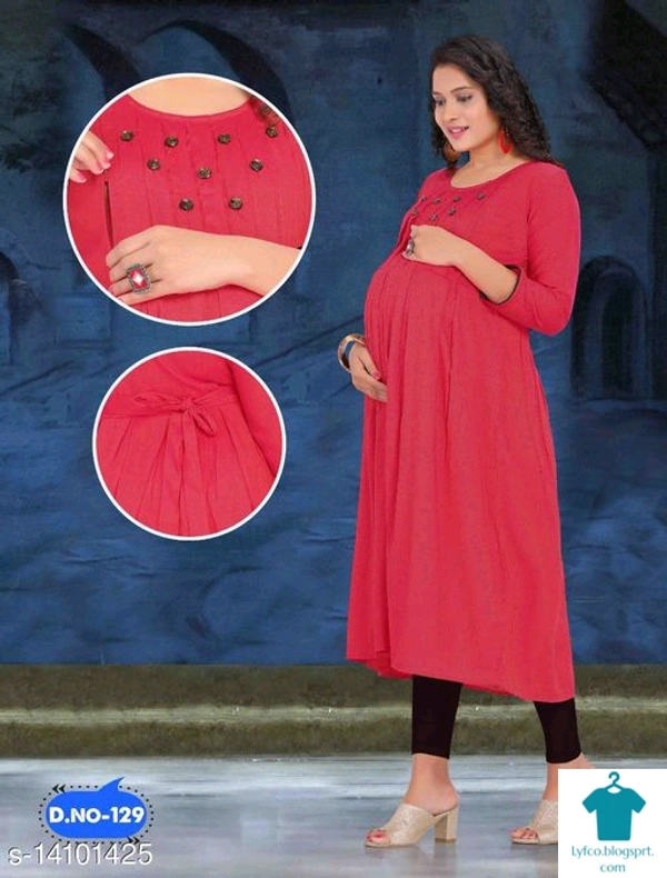 Catalog Name:*Aagyeyi Petite Maternity & Feeding Kurtis*Fabric: RayonBottomwear Fabric: No BottomwearBottom Type: No BottomwearSleeve Length: Three-Quarter SleevesStitch Type: StitchedFit/ Shape: FlaredCombo of: Single - M