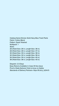 Catalog Name:*Women Solid Navy Blue Track Pants*Fabric: Cotton BlendPattern: Dyed/ WashedMultipack: 1 - 26