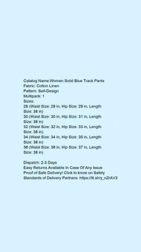 Catalog Name:*Women Solid Blue Track Pants*Fabric: Cotton LinenPattern: Self-DesignMultipack: 1 - 32
