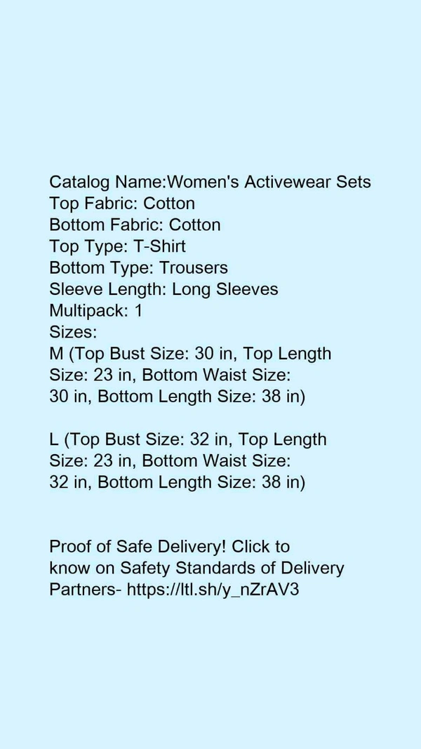 Catalog Name:*Women's Activewear Sets*Top Fabric: CottonBottom Fabric: CottonTop Type: T-ShirtBottom Type: TrousersSleeve Length: Long SleevesMultipack: 1 - XL
