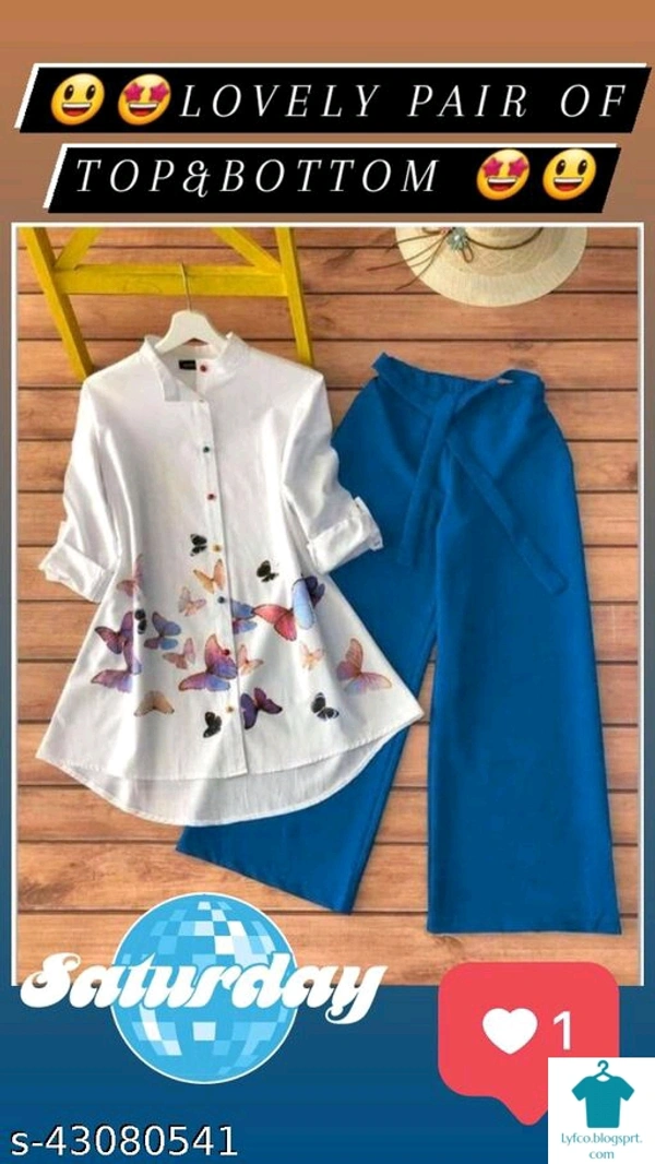 Catalog Name:*Trendy Ravishing Women Top & Bottom Sets*Top Fabric: CottonBottom Fabric: CrepeSleeve Length: Three-Quarter SleevesMultipack: 1 - L