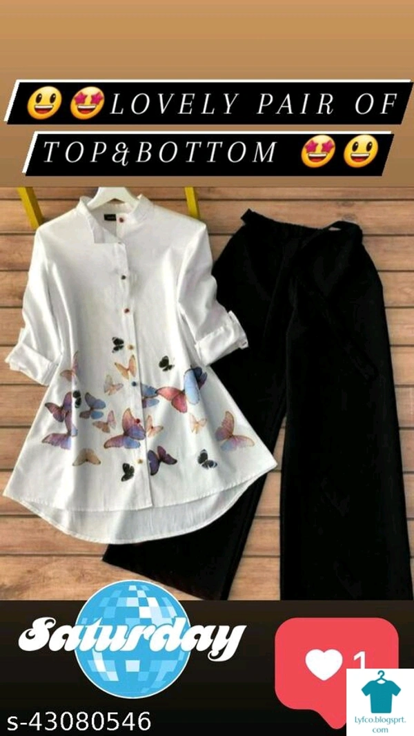 Catalog Name:*Trendy Ravishing Women Top & Bottom Sets*Top Fabric: CottonBottom Fabric: CrepeSleeve Length: Three-Quarter SleevesMultipack: 1 - XL