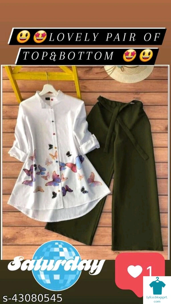 Catalog Name:*Trendy Ravishing Women Top & Bottom Sets*Top Fabric: CottonBottom Fabric: CrepeSleeve Length: Three-Quarter SleevesMultipack: 1 - M