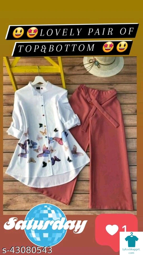 Catalog Name:*Trendy Ravishing Women Top & Bottom Sets*Top Fabric: CottonBottom Fabric: CrepeSleeve Length: Three-Quarter SleevesMultipack: 1 - XL