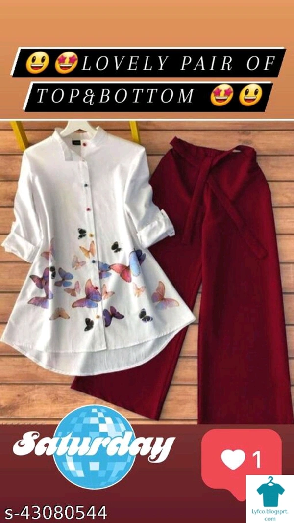 Catalog Name:*Trendy Ravishing Women Top & Bottom Sets*Top Fabric: CottonBottom Fabric: CrepeSleeve Length: Three-Quarter SleevesMultipack: 1 - M