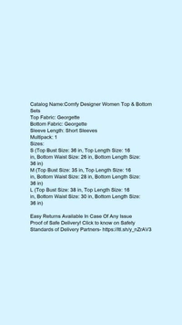 Catalog Name:*Comfy Designer Women Top & Bottom Sets*Top Fabric: GeorgetteBottom Fabric: GeorgetteSleeve Length: Short SleevesMultipack: 1 - White
