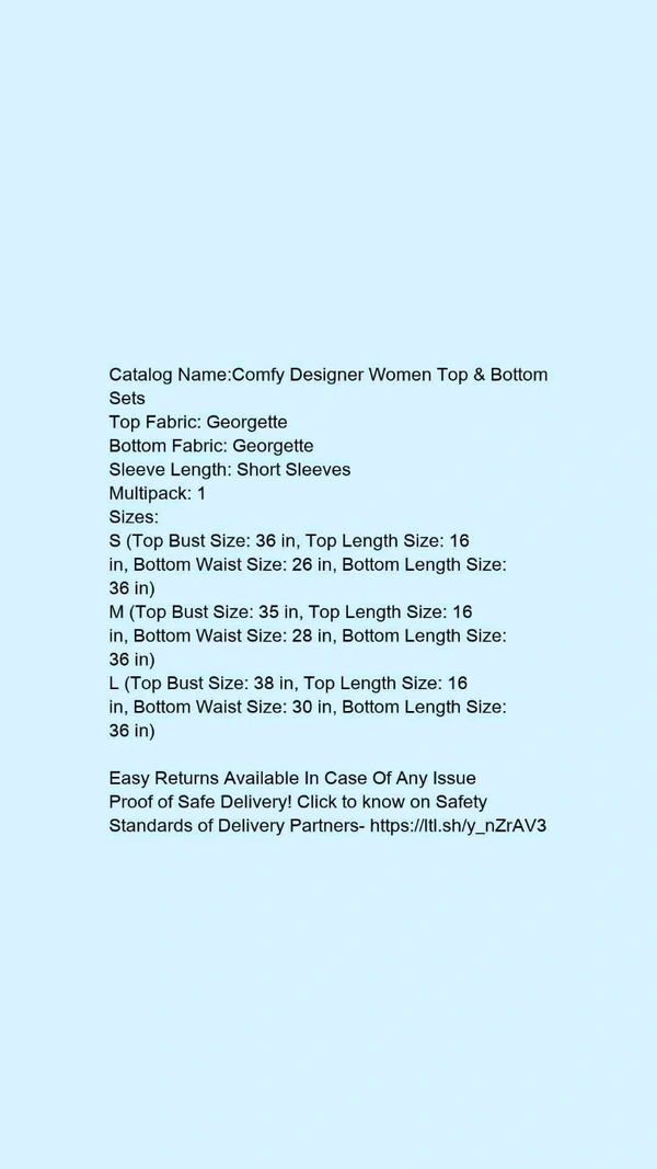 Catalog Name:*Comfy Designer Women Top & Bottom Sets*Top Fabric: GeorgetteBottom Fabric: GeorgetteSleeve Length: Short SleevesMultipack: 1 - White
