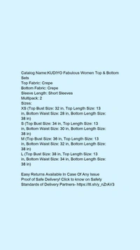 Catalog Name:*KUDIYO Fabulous Women Top & Bottom Sets*Top Fabric: CrepeBottom Fabric: CrepeSleeve Length: Short SleevesMultipack: 2 - XS