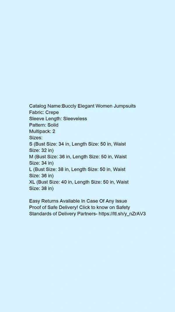 Catalog Name:*Buccly Elegant Women Jumpsuits*Fabric: CrepeSleeve Length: SleevelessPattern: SolidMultipack: 2 - S