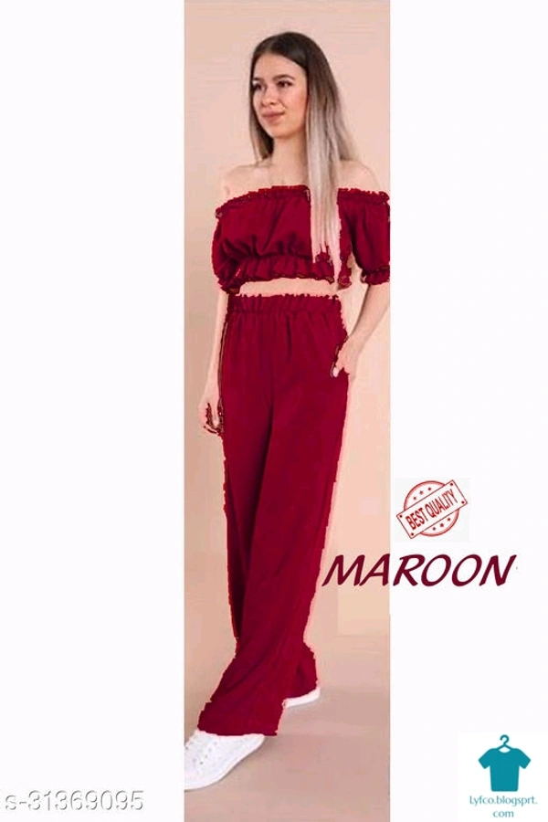 Catalog Name:*Classic Partywear Women Top & Bottom Sets*Top Fabric: RayonBottom Fabric: RayonSleeve Length: Short SleevesMultipack: 1 - Red