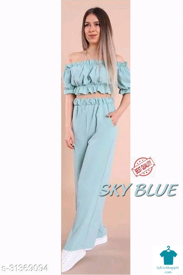 Catalog Name:*Classic Partywear Women Top & Bottom Sets*Top Fabric: RayonBottom Fabric: RayonSleeve Length: Short SleevesMultipack: 1 - S
