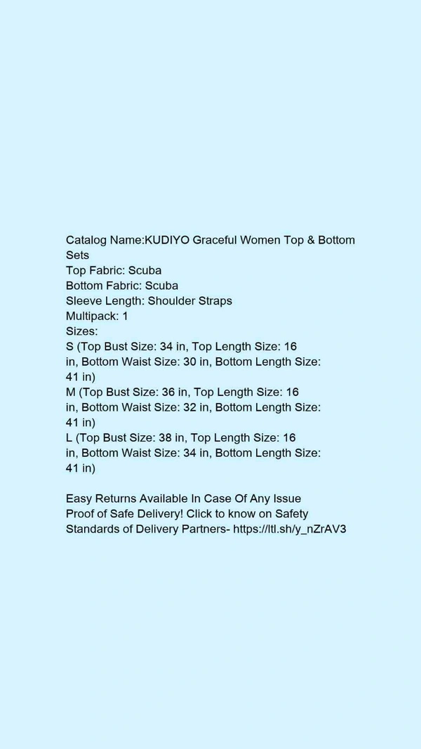 Catalog Name:*KUDIYO Graceful Women Top & Bottom Sets*Top Fabric: ScubaBottom Fabric: ScubaSleeve Length: Shoulder StrapsMultipack: 1 - XXL