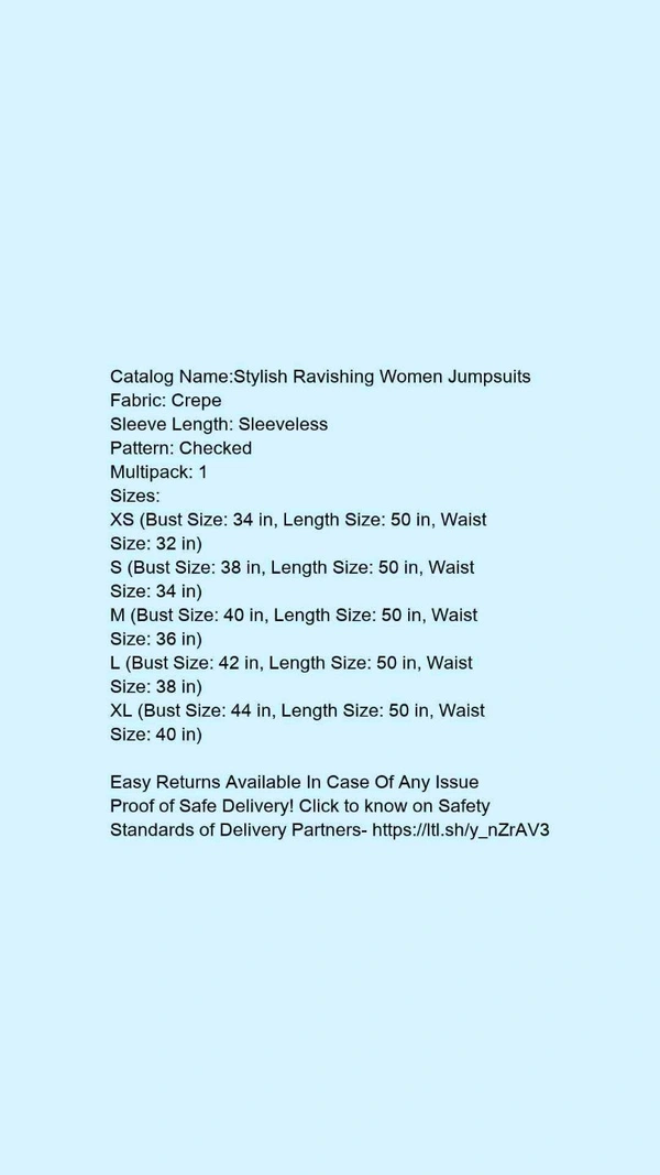 Catalog Name:*Stylish Ravishing Women Jumpsuits*Fabric: CrepeSleeve Length: SleevelessPattern: CheckedMultipack: 1 - S