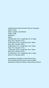 Catalog Name:*Comfy Feminine Women Jumpsuits*Fabric: CrepeSleeve Length: Long SleevesPattern: SolidMultipack: 1 - XXL