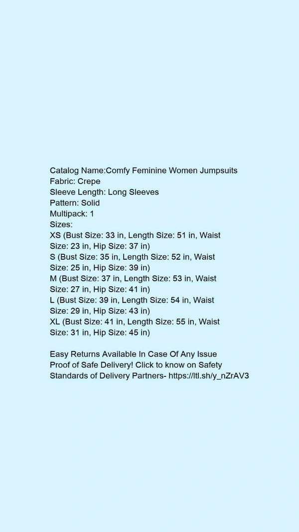 Catalog Name:*Comfy Feminine Women Jumpsuits*Fabric: CrepeSleeve Length: Long SleevesPattern: SolidMultipack: 1 - XXL