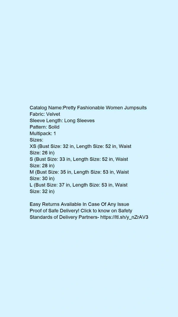 Catalog Name:*Pretty Fashionable Women Jumpsuits*Fabric: VelvetSleeve Length: Long SleevesPattern: SolidMultipack: 1 - XS