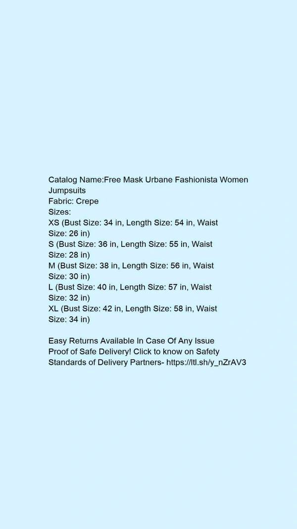 Catalog Name:*Free Mask Urbane Fashionista Women Jumpsuits*Fabric: Crepe - XS