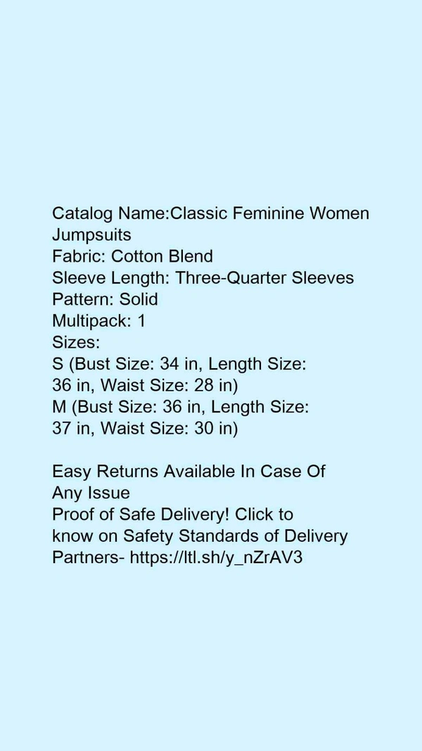Catalog Name:*Classic Feminine Women Jumpsuits*Fabric: Cotton BlendSleeve Length: Three-Quarter SleevesPattern: SolidMultipack: 1 - M