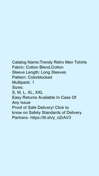 Catalog Name:*Trendy Retro Men Tshirts*Fabric: Cotton Blend,CottonSleeve Length: Long SleevesPattern: ColorblockedMultipack: 1 - M