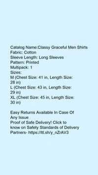 Catalog Name:*Classy Graceful Men Shirts*Fabric: CottonSleeve Length: Long SleevesPattern: PrintedMultipack: 1 - M