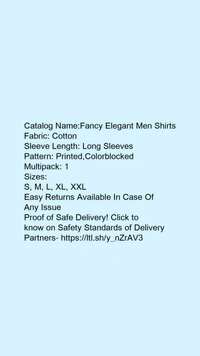 Catalog Name:*Fancy Elegant Men Shirts*Fabric: CottonSleeve Length: Long SleevesPattern: Printed,ColorblockedMultipack: 1 - M