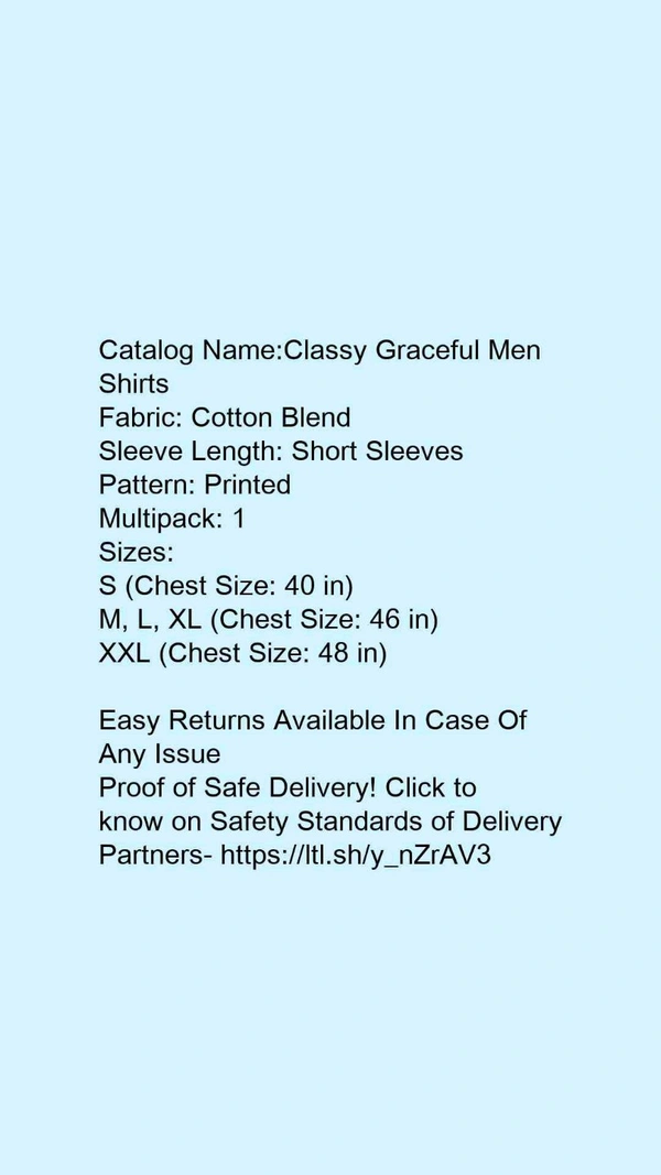 Catalog Name:*Classy Graceful Men Shirts*Fabric: Cotton BlendSleeve Length: Short SleevesPattern: PrintedMultipack: 1 - XXXL