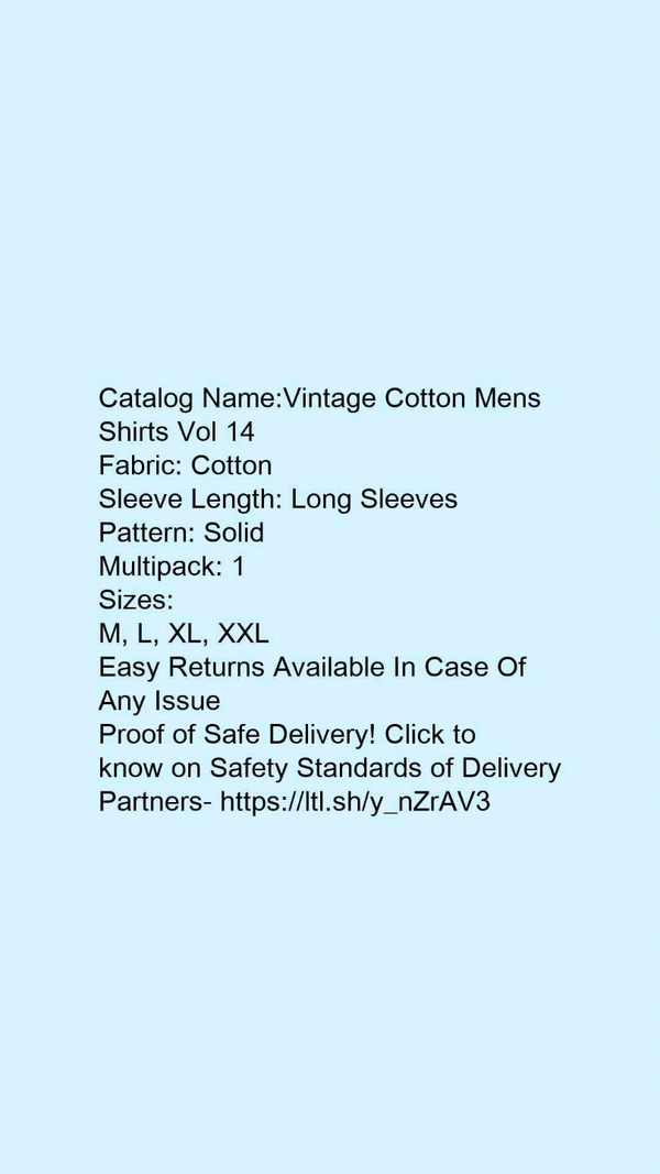 Catalog Name:*Vintage Cotton Mens Shirts Vol 14*Fabric: CottonSleeve Length: Long SleevesPattern: SolidMultipack: 1 - Colour- Black