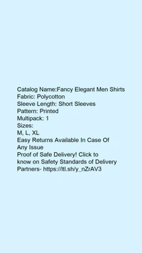 Catalog Name:*Fancy Elegant Men Shirts*Fabric: PolycottonSleeve Length: Short SleevesPattern: PrintedMultipack: 1 - L