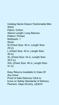 Catalog Name:*Classic Fashionable Men Shirts*Fabric: CottonSleeve Length: Long SleevesPattern: PrintedMultipack: 1 - XL