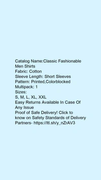 Catalog Name:*Classic Fashionable Men Shirts*Fabric: CottonSleeve Length: Short SleevesPattern: Printed,ColorblockedMultipack: 1 - S