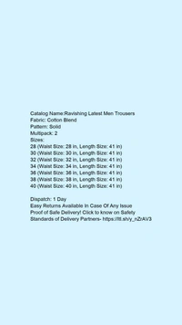 Catalog Name:*Ravishing Latest Men Trousers*Fabric: Cotton BlendPattern: SolidMultipack: 2 - 38