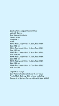 Catalog Name:*Voguish Women Flats*Material: CanvasSole Material: SyntheticPattern: SolidMultipack: 1 - IND-5