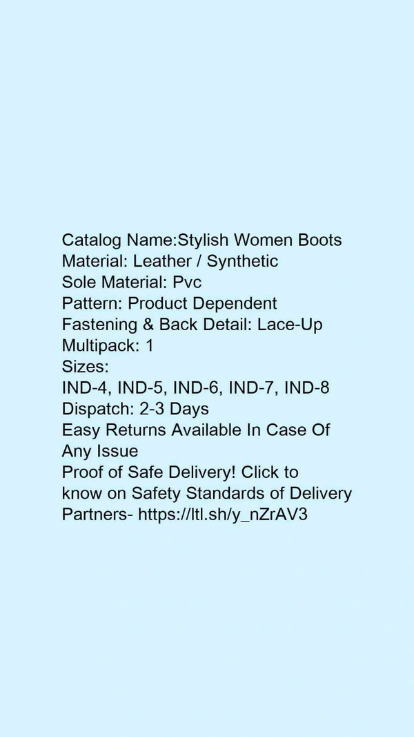 Catalog Name:*Stylish Women Boots*Material: Leather / SyntheticSole Material: PvcPattern: Product DependentFastening & Back Detail: Lace-UpMultipack: 1 - IND-5