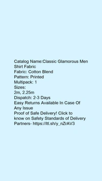 Catalog Name:*Classic Glamorous Men Shirt Fabric*Fabric: Cotton BlendPattern: PrintedMultipack: 1 - 2.25m
