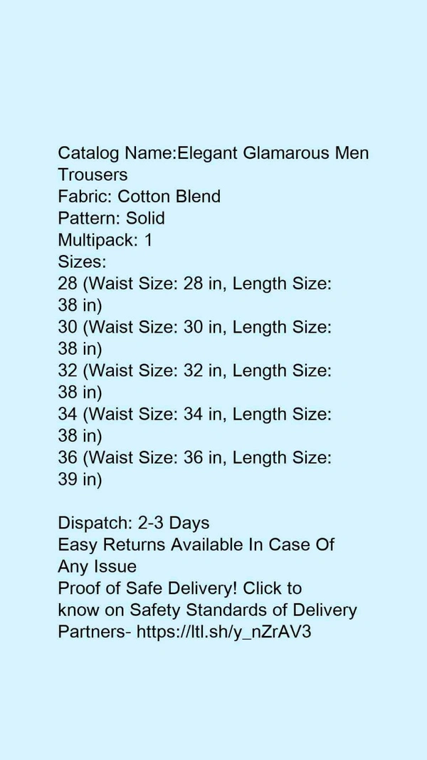 Catalog Name:*Elegant Glamarous Men Trousers*Fabric: Cotton BlendPattern: Solid - 30