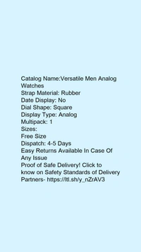 Catalog Name:*Versatile Men Analog Watches*Strap Material: RubberDate Display: NoDial Shape: SquareDisplay Type: AnalogMultipack: 1 - Dark blue