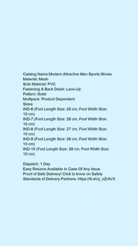 Catalog Name:*Modern Attractive Men Sports Shoes*Material: MeshSole Material: PVCFastening & Back Detail: Lace-UpPattern: SolidMultipack: 2 - IND-10