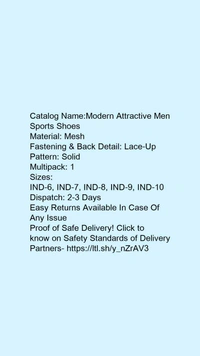 Catalog Name:*Modern Attractive Men Sports Shoes*Material: MeshFastening & Back Detail: Lace-UpPattern: SolidMultipack: 1 - IND-8