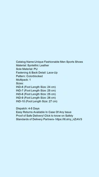 Catalog Name:*Unique Fashionable Men Sports Shoes*Material: Syntethic LeatherSole Material: PUFastening & Back Detail: Lace-UpPattern: ColorblockedMultipack: 1 - IND-8