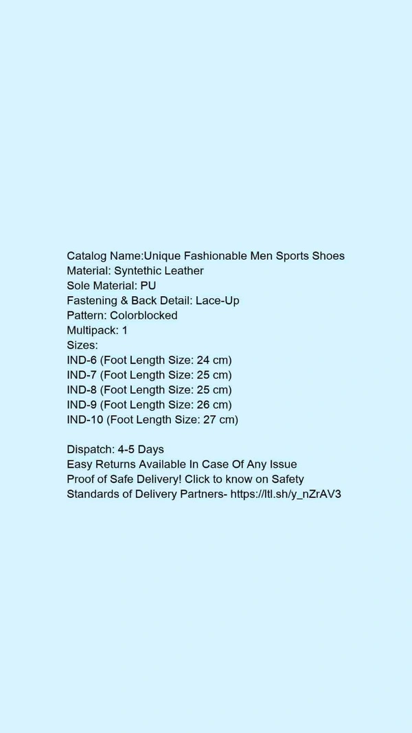 Catalog Name:*Unique Fashionable Men Sports Shoes*Material: Syntethic LeatherSole Material: PUFastening & Back Detail: Lace-UpPattern: ColorblockedMultipack: 1 - IND-8